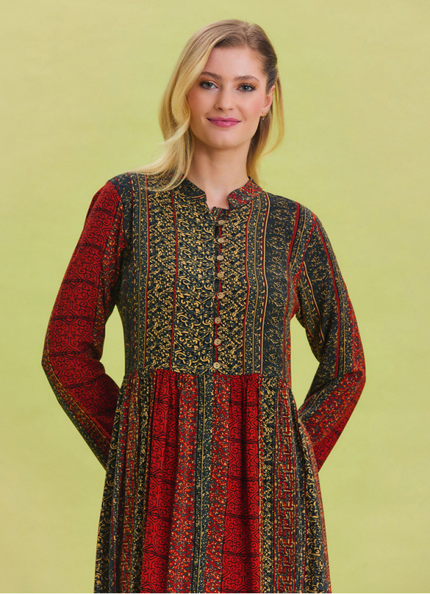 Patterned Crew Neck Button Detailed Brick Long Sleeve Dress 4445